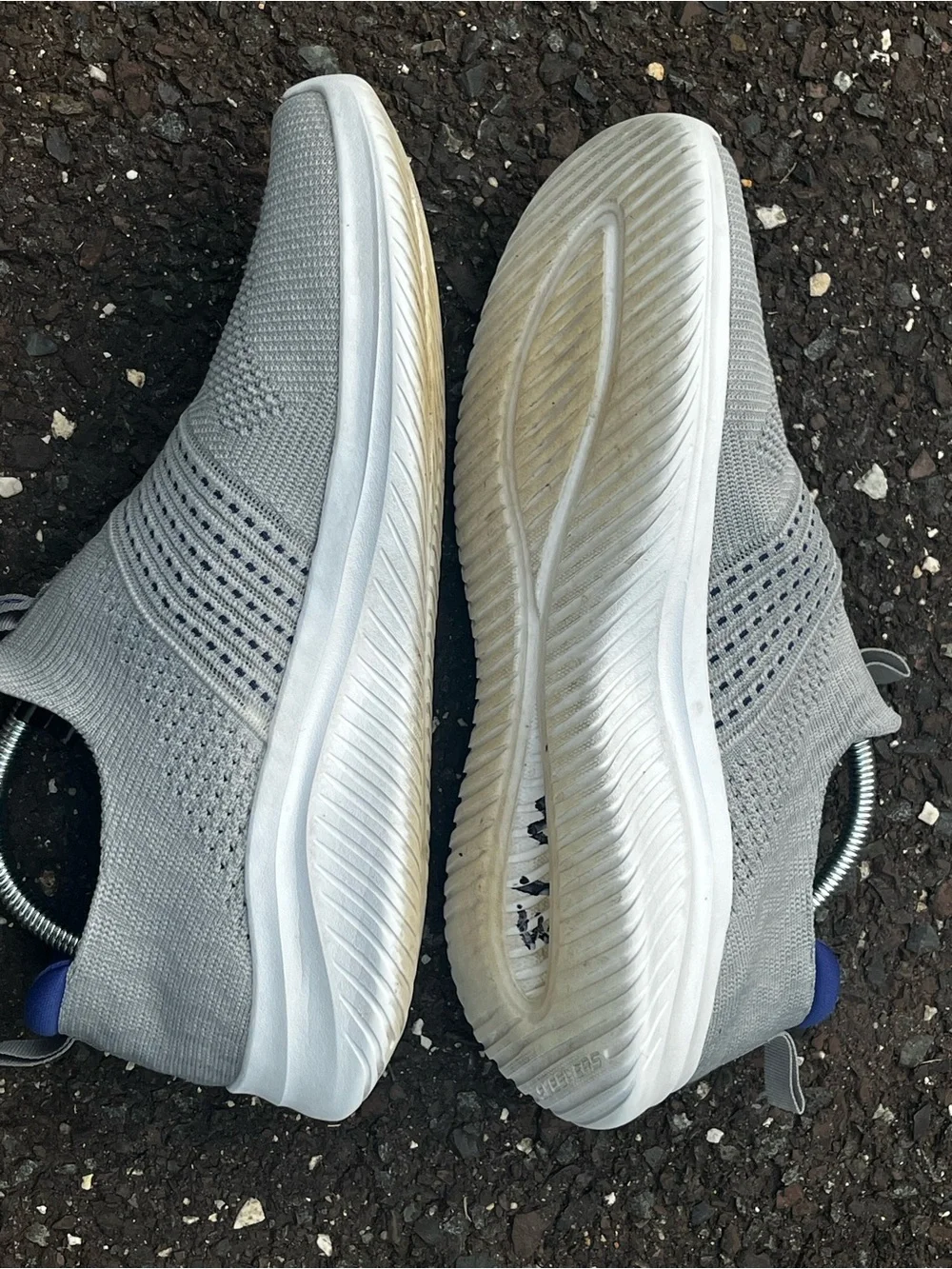 Skechers Men’s 10.5 Slip-On Gray Blue Knit Walking Shoes 232311 EUC
